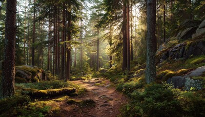 Obraz premium Exploring The Enchanting Evergreen Forests Of Finland: A Magical Journey Through The Hills With Pine, Spruce Trees, Moss, And Plants, Bathed In Soft Golden Sunlight