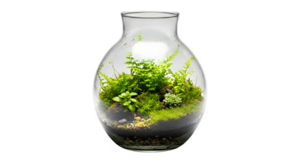 Round glass terrarium with lush green plant and moss isolated on transparent background