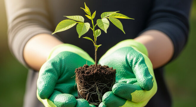 hands wearing gardening gloves holding small healthy sapling, no faces visible, soft daylight - Powered by Adobe