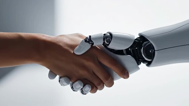 Close-up cinematic shot of a human hand shaking a futuristic robot hand