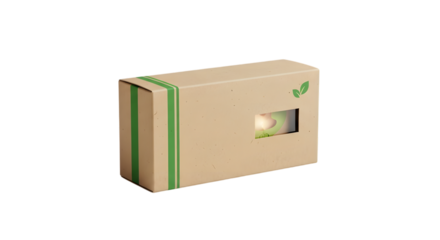 Recyclable cardboard box with green tape and window, isolated on transparent background