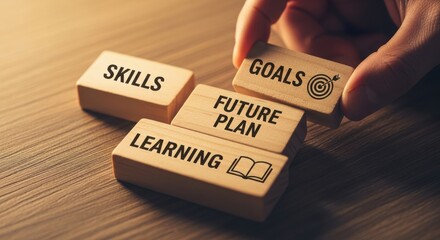 Wooden blocks representing skills learning future plan goals isolated on white background
