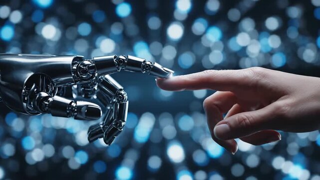 Human and robot finger touching, symbolizing AI and technology connection
