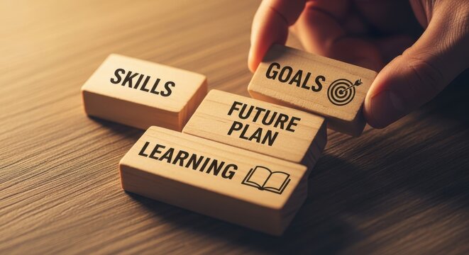 Wooden blocks representing skills learning future plan goals isolated on white background