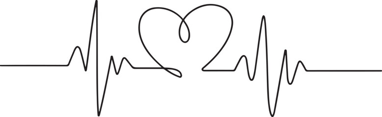 Heart beat one line. Continuous lines heart beats drawing. Wave pulse. Hand draw heartbeat. Design heartbeat for print. one line Icon drawing with white background