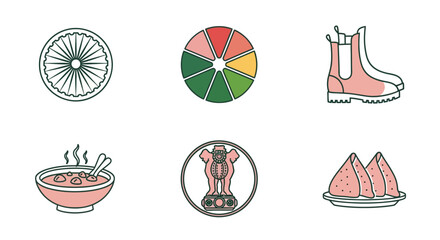 Elements of india icon set: foods, ashoka, charkha, and footwear