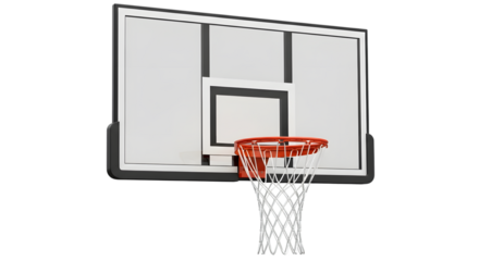Basketball hoop with white backboard and orange rim and white net isolated on a transparent background