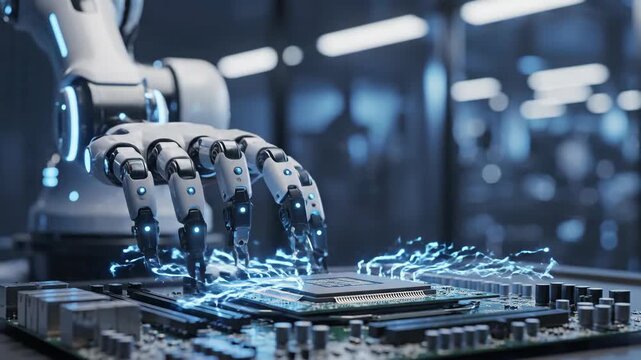 Robotic arm installing CPU with electric sparks on motherboard, futuristic technology concept