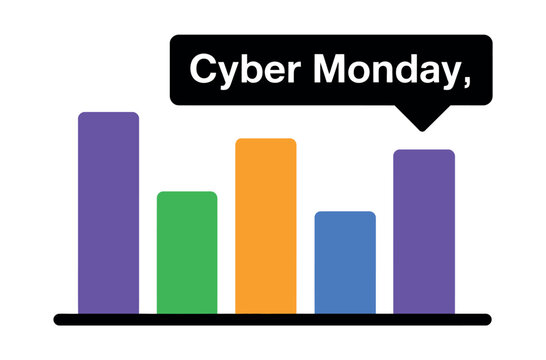 Bar graph shows fluctuating sales data with a "Cyber Monday" label, illustrating online shopping trends.