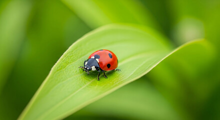 ladybug sitting on a bright green leaf, symbolic healthy ecosystem