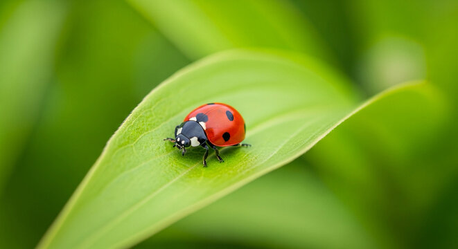 ladybug sitting on a bright green leaf, symbolic healthy ecosystem