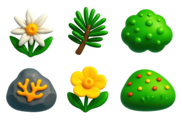 Set of six different types of plants, including a daisy, a tree, and a bush