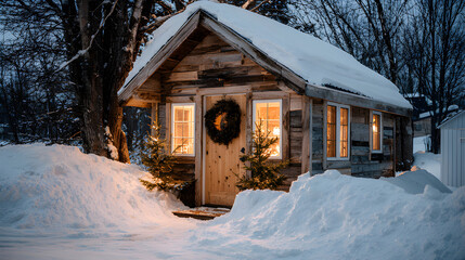 Winter Cabin Covered in Snow with Christmas Wreath, Warm Light Glowing from Windows, Festive Holiday Atmosphere
