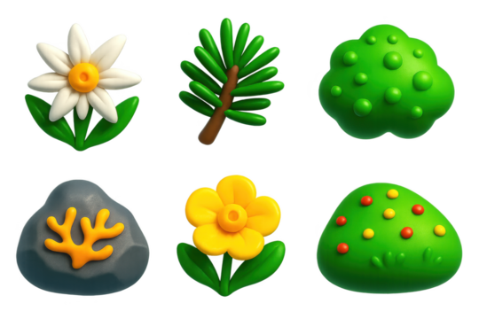 Set of six different types of plants, including a daisy, a tree, and a bush