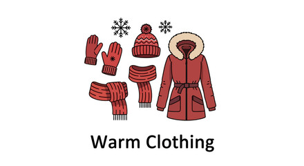 Cozy winter apparel collection featuring coat, gloves, scarf, and hat