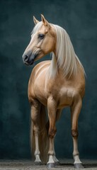 Obraz premium Elegant Palomino Horse with Silky Mane on Dark Green Background