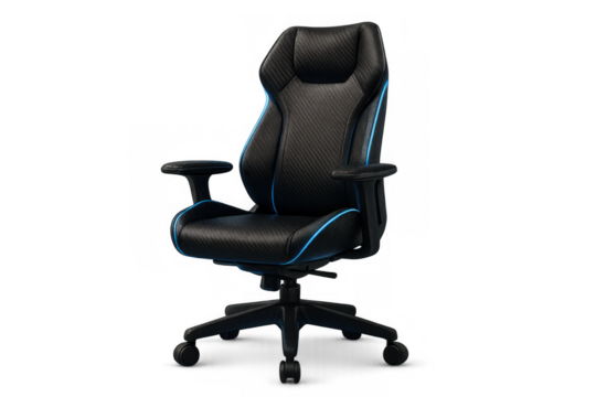Black and blue ergonomic gaming chair with carbon fiber texture isolated on a transparent background