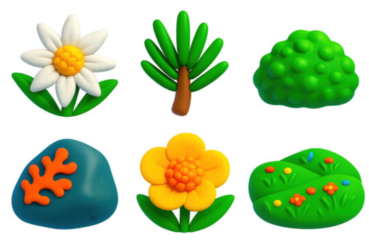 Set of six different types of flowers and trees, each with a different color