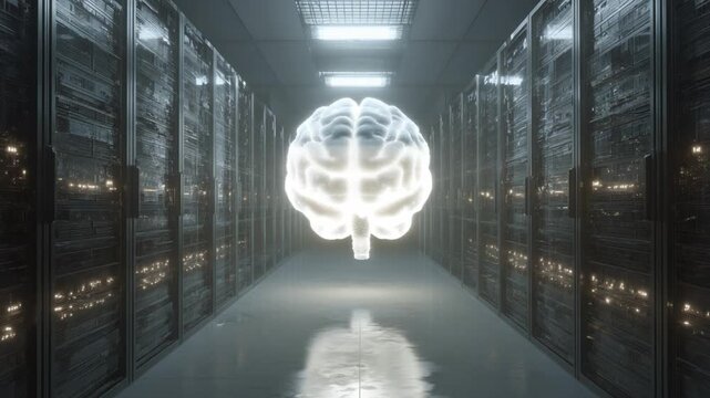 Data Brain: A glowing, ethereal brain floats majestically at the heart of a cutting-edge server room, symbolizing the core intelligence of modern digital infrastructure.  - Powered by Adobe