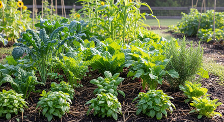 Obraz premium healthy garden bed with diverse plants growing evenly, natural outdoor shot