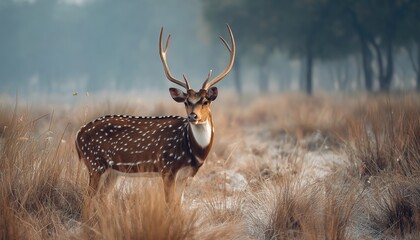 Majestic Male Spotted Deer Or Chital With Large Antlers In The Wild And Picturesque Kanha National Park, Madhya Pradesh, India - Axis Axis In Winter