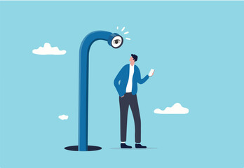 Mobile privacy, app that tracking all user behaviors for marketing, data protection or spyware concept, young adult man using mobile app or smart phone and found periscope watching him from behind.