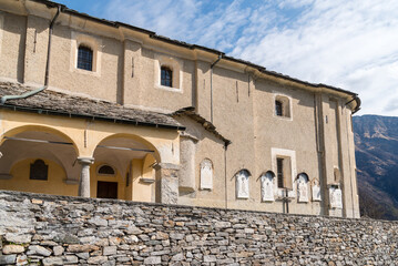 View of the Church of Saints Carpoforo and Gottardo located in Mergoscia, a mountain village in the canton of Ticino, Switzerland.