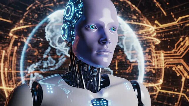 Photorealistic cinematic AI robot portrait with futuristic digital background