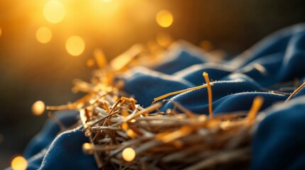 A close-up of a nativity scene with golden straw in a manger. The birth of Jesus Christ concept for Christmas. Holy background with warm, glowing light and bokeh