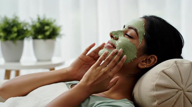Young woman with eyes closed applies green face mask, relaxing at home spa