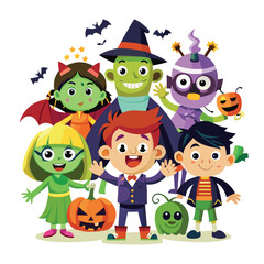 Halloween kids and people in cartoon costumes illustration