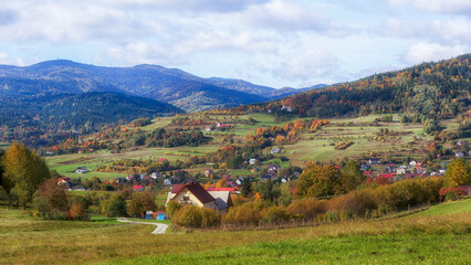 Colorful autumn landscape of a village in the Carpathians