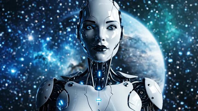 Futuristic female android cyborg in space with Earth and stars background, hyperrealistic 3D render