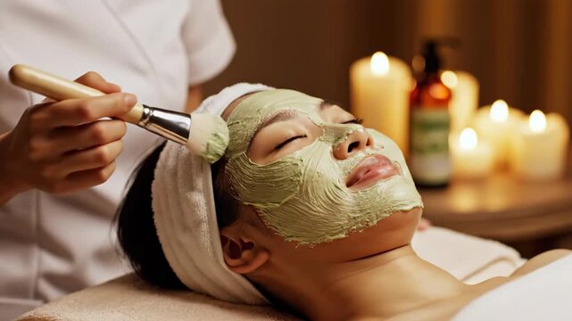 Woman receiving a soothing facial mask application at a spa
