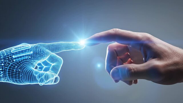 Human hand and digital holographic hand touching fingers with blue light effect