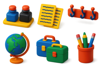 Variety of school supplies, including a globe, a pencil case, a book, a pen