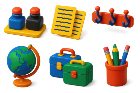 Variety of school supplies, including a globe, a pencil case, a book, a pen