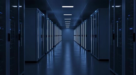 Server room or data center corridor with rows of server racks and neon lights modern technology - Powered by Adobe
