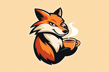 Obraz premium Fox mascot illustration holding a cup of coffee, featuring vibrant colors and playful expression, ideal for branding and marketing concepts with copy space