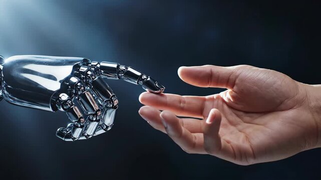 AI robot hand and human hand touching in cinematic, photorealistic style