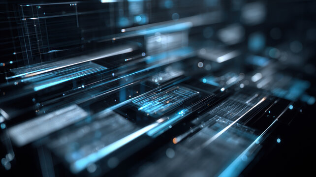 Dynamic Floating Digital Interface Screens With Glowing Blue Transparent Panels In Futuristic Virtual Reality Technology Environment