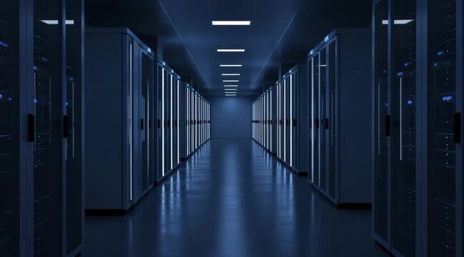 Server room or data center corridor with rows of server racks and neon lights modern technology - Powered by Adobe