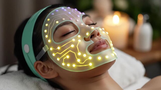 Close-up of person wearing LED facial mask with glowing lights, relaxing in spa