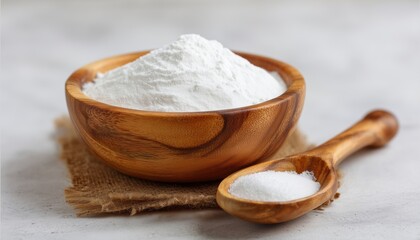 Close Up Of Baking Soda Collagen Bicarbonate Powder In Wood Bowl And Spoon On White Background.  Must-Have Soda Collagen Bicarbonate For Your Skincare Routine.