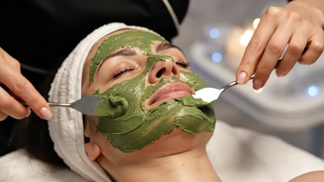 Woman receives facial mask treatment at spa