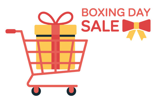 Shopping cart filled with a gift box represents a Boxing Day sale.