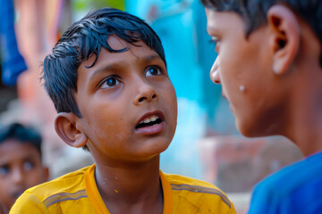 An Indian boy passionately discussing history and politics, his intelligence evident in his depth of knowledge and his ability to critically analyze complex social issues.