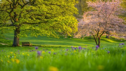 Spring park landscape with trees grass and pond