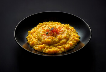 Gourmet Saffron Risotto (Risotto alla Milanese) on Black Background – Italian Dish