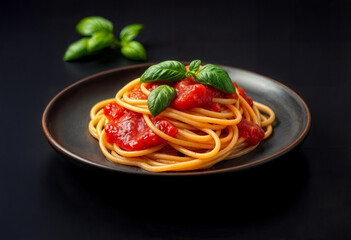Gourmet Spaghetti al Pomodoro on Black Background – Italian Cuisine